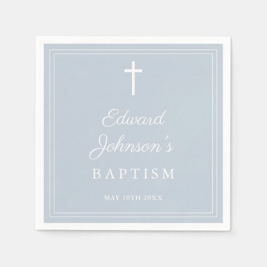 Elegant Dusty Blue Border Baptism スタンダードカクテルナプキン (正面)