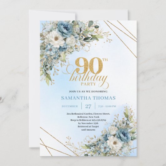 Elegant Dusty Blue Botanical 90th Birthday Invite 招待状 (正面)