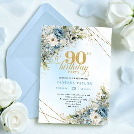 Elegant Dusty Blue Botanical 90th Birthday Invite 招待状
