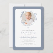 Elegant Dusty Blue Bow Photo Boy Baptism 招待状 (正面)