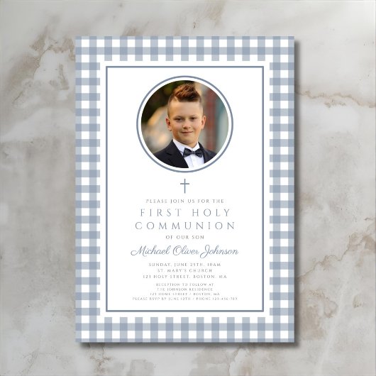 Elegant Dusty Blue Bow Photo Boy First Communion 招待状