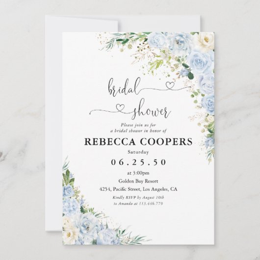 Elegant Dusty Blue Bridal Shower Invitation 招待状 (正面)