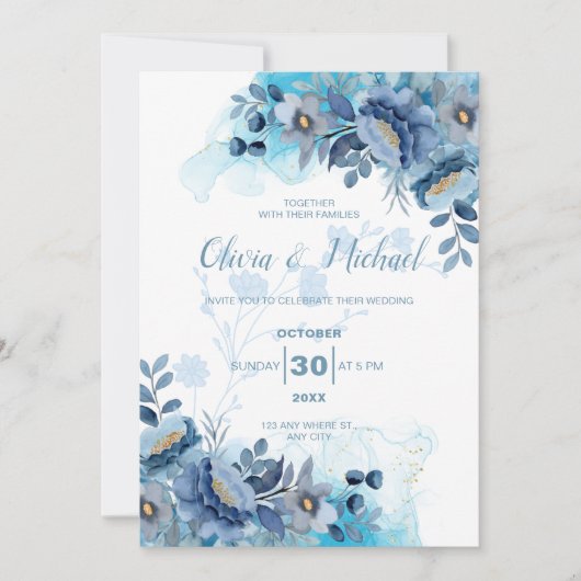 Elegant Dusty Blue Chinoiserie Floral Wedding 招待状 (正面)