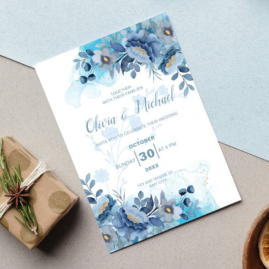 Elegant Dusty Blue Chinoiserie Floral Wedding 招待状