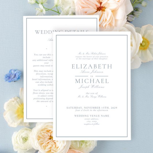 Elegant Dusty Blue Classic Script Details Wedding 招待状