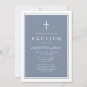 Elegant Dusty Blue Cross Baby Boy Baptism 招待状 (正面)