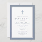 Elegant Dusty Blue Cross Baby Boy Baptism 招待状 (正面)