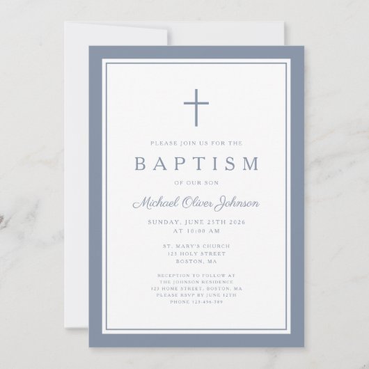 Elegant Dusty Blue Cross Baby Boy Baptism 招待状 (正面)
