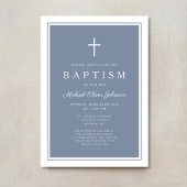 Elegant Dusty Blue Cross Baby Boy Baptism 招待状