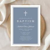 Elegant Dusty Blue Cross Baby Boy Baptism 招待状