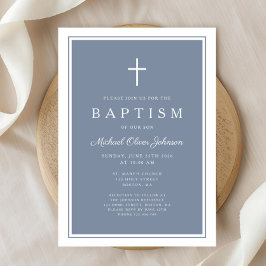 Elegant Dusty Blue Cross Baby Boy Baptism 招待状
