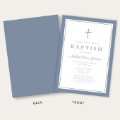 Elegant Dusty Blue Cross Baby Boy Baptism 招待状
