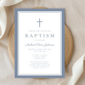 Elegant Dusty Blue Cross Baby Boy Baptism 招待状