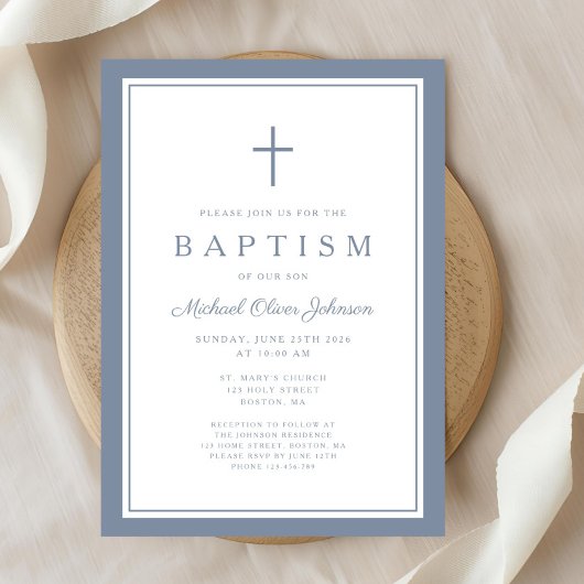 Elegant Dusty Blue Cross Baby Boy Baptism 招待状