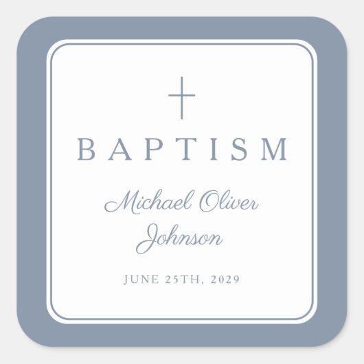 Elegant Dusty Blue Cross Boy Baptism  スクエアシール (正面)