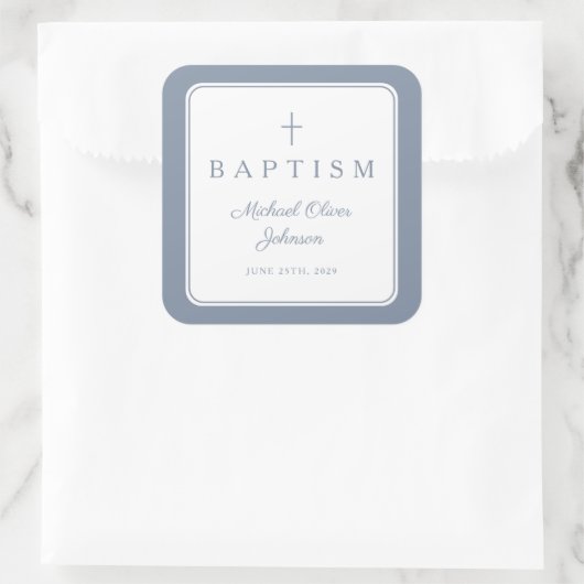 Elegant Dusty Blue Cross Boy Baptism  スクエアシール (バッグ)