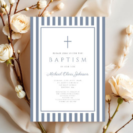 Elegant Dusty Blue Cross Boy Baptism 招待状