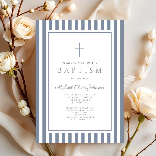 Elegant Dusty Blue Cross Boy Baptism 招待状