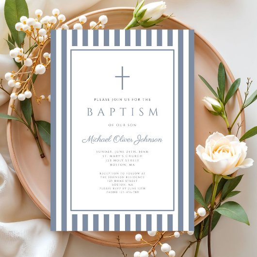Elegant Dusty Blue Cross Boy Baptism 招待状