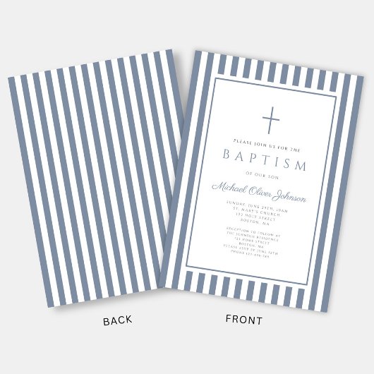 Elegant Dusty Blue Cross Boy Baptism 招待状