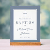 Elegant Dusty Blue Cross Boy Baptism Welcome アクリルサイン (ニュートラル)