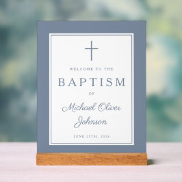 Elegant Dusty Blue Cross Boy Baptism Welcome アクリルサイン