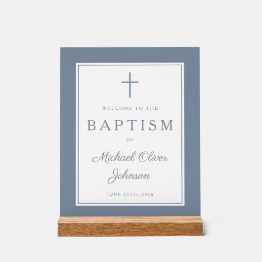 Elegant Dusty Blue Cross Boy Baptism Welcome アクリルサイン (正面)