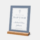 Elegant Dusty Blue Cross Boy Baptism Welcome アクリルサイン (傾斜)