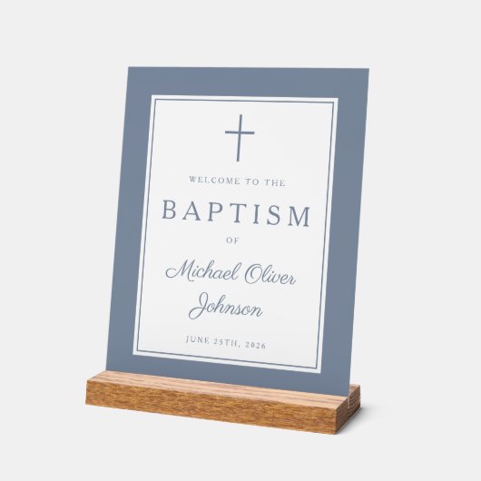 Elegant Dusty Blue Cross Boy Baptism Welcome アクリルサイン (傾斜)