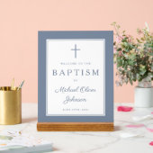 Elegant Dusty Blue Cross Boy Baptism Welcome アクリルサイン (ウェディング)