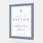 Elegant Dusty Blue Cross Boy Baptism Welcome アクリルサイン (傾斜)