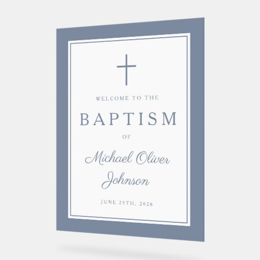 Elegant Dusty Blue Cross Boy Baptism Welcome アクリルサイン (傾斜)