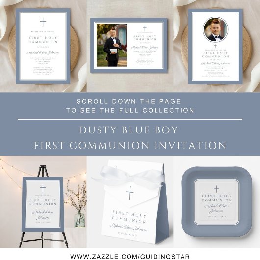 Elegant Dusty Blue Cross Boy First Communion スクエアシール