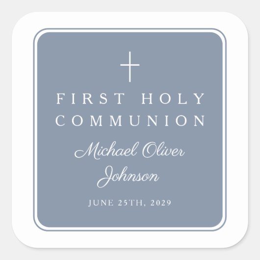 Elegant Dusty Blue Cross Boy First Communion スクエアシール (正面)