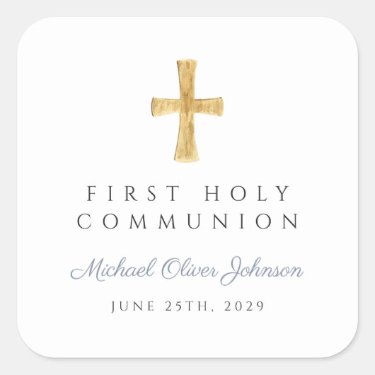 Elegant Dusty Blue Cross Boy First Communion  スクエアシール (正面)