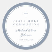 Elegant Dusty Blue Cross Boy First Communion  ラウンドシール (正面)