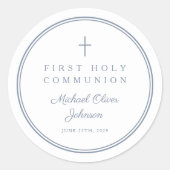 Elegant Dusty Blue Cross Boy First Holy Communion  ラウンドシール (正面)