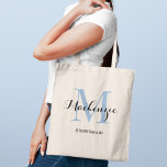 Elegant Dusty Blue Custom Wedding Bridesmaid Name トートバッグ<br><div class="desc">Elegant custom wedding tote bag features a personalized monogram typography design with modern calligraphy script name and serif monogram initial in dusty blue and black colors. Includes custom text for a bridal party title like "BRIDESMAID" or other preferred wording.</div>