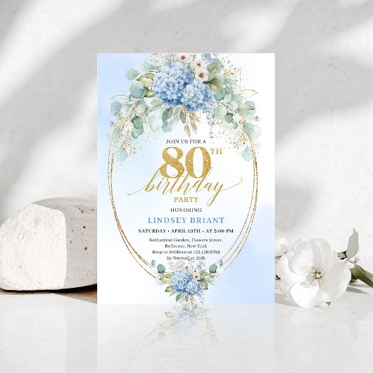 Elegant Dusty Blue Eucalyptus 80th Birthday Invite 招待状