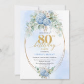 Elegant Dusty Blue Eucalyptus 80th Birthday Invite 招待状 (正面)
