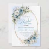 Elegant Dusty Blue Eucalyptus Gold Bridal Shower  招待状 (正面)