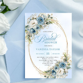 Elegant Dusty Blue Eucalyptus Gold Bridal Shower  招待状