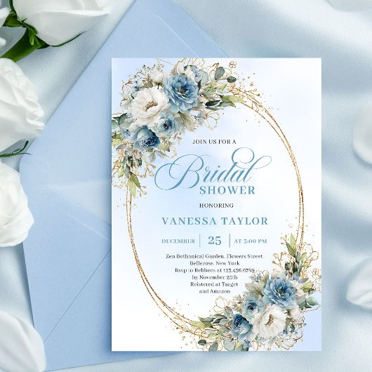Elegant Dusty Blue Eucalyptus Gold Bridal Shower  招待状