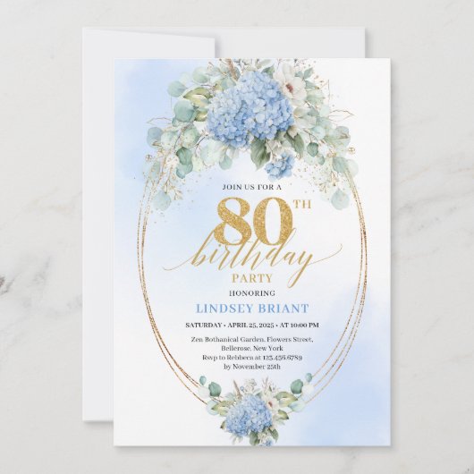 Elegant Dusty Blue Floral 80th Birthday Invitation 招待状 (正面)