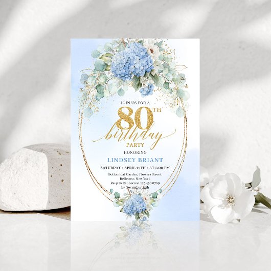 Elegant Dusty Blue Floral 80th Birthday Invitation 招待状