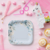 Elegant Dusty Blue Floral Baby Shower ペーパープレート (パーティー)