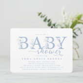 Elegant Dusty Blue Floral Baby Shower Typography 招待状 (スタンド正面)