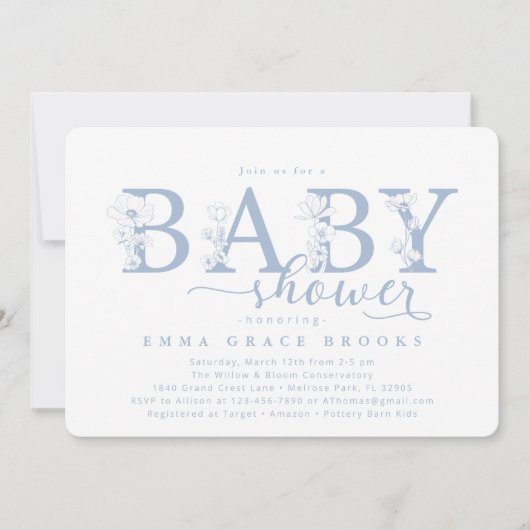 Elegant Dusty Blue Floral Baby Shower Typography 招待状 (正面)