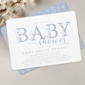 Elegant Dusty Blue Floral Baby Shower Typography 招待状