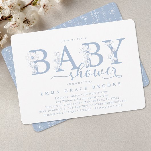 Elegant Dusty Blue Floral Baby Shower Typography 招待状